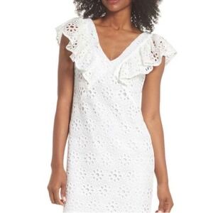 Trina Turk White Eyelet Lace Ruffle Sleeve V-Neck Mini Dress Women's Size 2